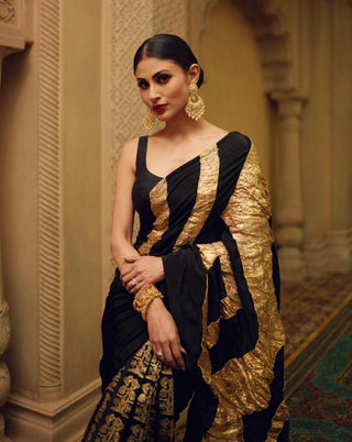 House Of Masaba-Black Crinkle Sari With Unstitched Blouse-INDIASPOPUP.COM