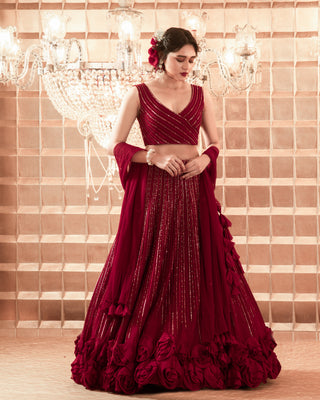 Charu & Vasundhara-Oxblood Red Lehenga Set-INDIASPOPUP.COM