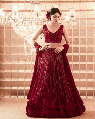 Charu & Vasundhara-Oxblood Red Lehenga Set-INDIASPOPUP.COM