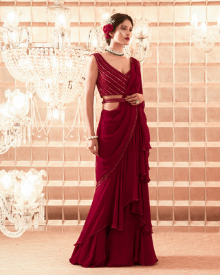 Charu & Vasundhara-Oxblood Red Embroidered Saree-INDIASPOPUP.COM