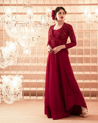 Charu & Vasundhara-Oxblood Red Jacket With Sharara-INDIASPOPUP.COM