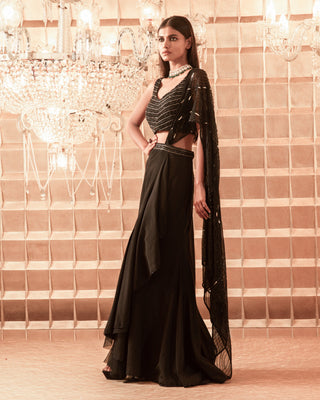 Charu & Vasundhara-Black Embroidered Skirt Saree-INDIASPOPUP.COM