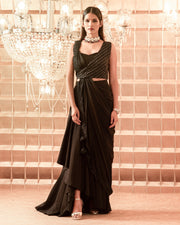 Charu & Vasundhara-Black Embroidered Drape Saree Skirt Set-INDIASPOPUP.COM