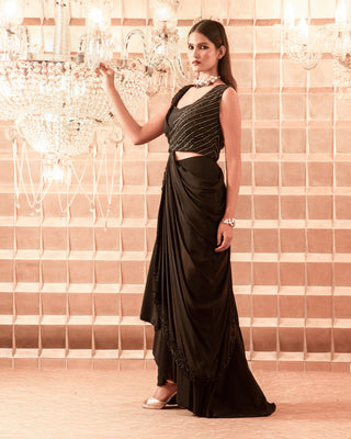 Charu & Vasundhara-Black Embroidered Drape Saree Skirt Set-INDIASPOPUP.COM