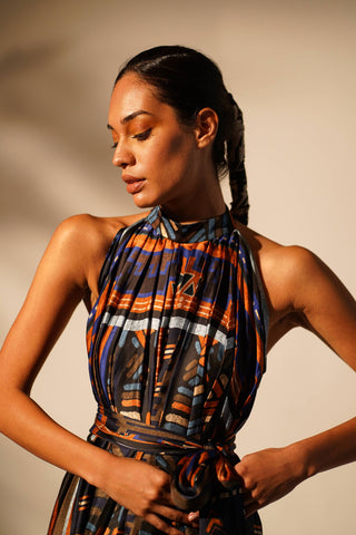 Nikita Mhaisalkar-Oxblue Aztec Halter Neck Dress With Belt-INDIASPOPUP.COM