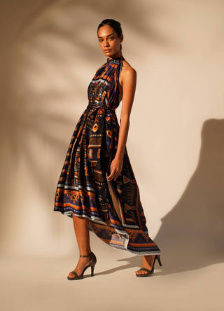 Nikita Mhaisalkar-Oxblue Aztec Halter Neck Dress With Belt-INDIASPOPUP.COM