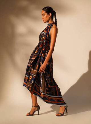 Nikita Mhaisalkar-Oxblue Aztec Halter Neck Dress With Belt-INDIASPOPUP.COM