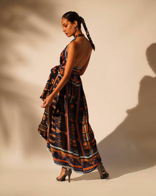 Nikita Mhaisalkar-Oxblue Aztec Halter Neck Dress With Belt-INDIASPOPUP.COM