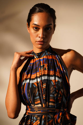 Nikita Mhaisalkar-Oxblue Aztec Halter Neck Dress With Belt-INDIASPOPUP.COM