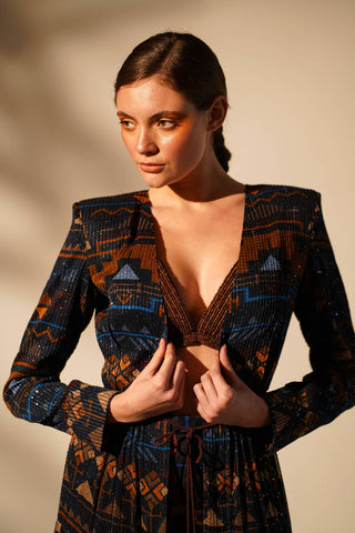 Nikita Mhaisalkar-Blue Aztec Print Jacket And Pant-INDIASPOPUP.COM