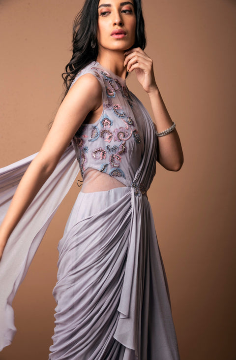 K-Anshika-Lavender Half Asymmetric Drape Saree-INDIASPOPUP.COM
