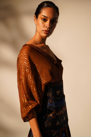 Nikita Mhaisalkar-Rust Lurex Shirt-INDIASPOPUP.COM