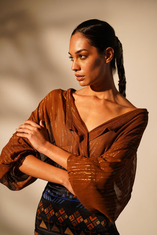 Nikita Mhaisalkar-Rust Lurex Shirt-INDIASPOPUP.COM