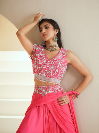 Hot Pink Embellished Lehenga Sari Set