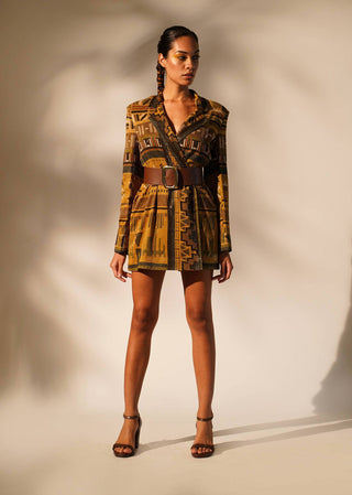 Nikita Mhaisalkar-Mustard Aztec Print Short Blazer Dress-INDIASPOPUP.COM