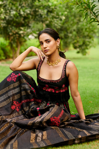 Chandrima-Black Stripe Chanderi Pleated Lehenga & Top-INDIASPOPUP.COM