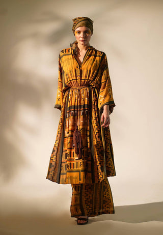 Nikita Mhaisalkar-Mustard Aztec Printed Tunic And Palazzo-INDIASPOPUP.COM