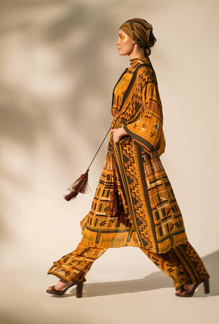 Nikita Mhaisalkar-Mustard Aztec Printed Tunic And Palazzo-INDIASPOPUP.COM