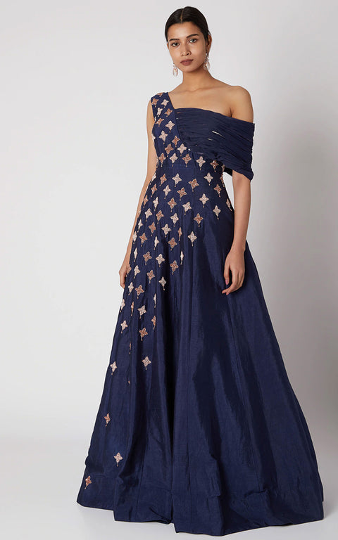 Pink Peacock Couture-Navy Blue Embroidered Gown-INDIASPOPUP.COM
