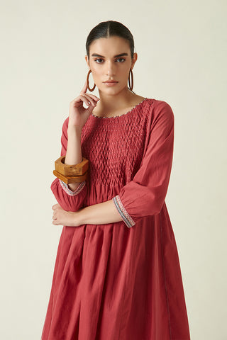 Payal Pratap-Wine Crimini Smocked Dress With Slip-INDIASPOPUP.COM