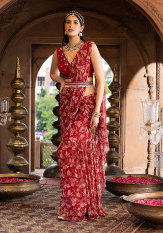 Chhavvi Aggarwal-Maroon Printed Sari With Blouse And Belt-INDIASPOPUP.COM