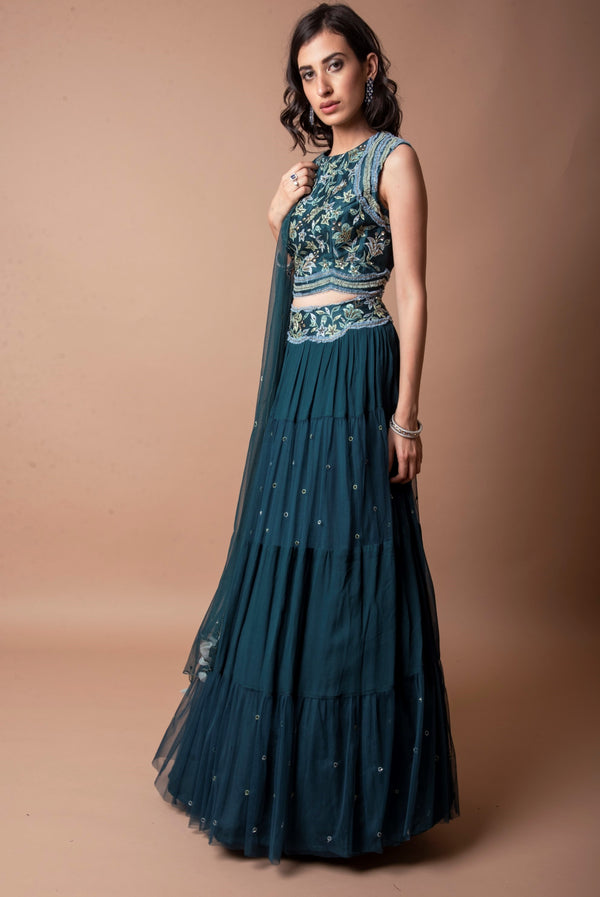 K-Anshika-Green Tiered Lahenga With Crop Top-INDIASPOPUP.COM