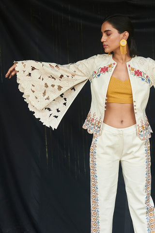 Chandrima-Ivory Cutwork Short Jacket With Pants-INDIASPOPUP.COM