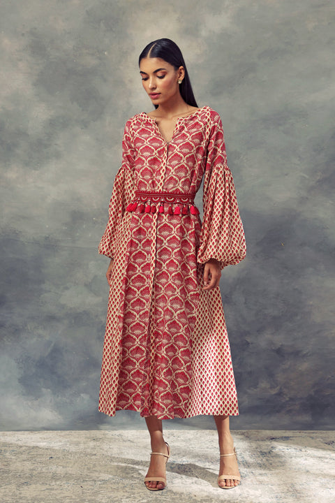 Bhumika Sharma-Red Printed Puff Sleeves Dress-INDIASPOPUP.COM