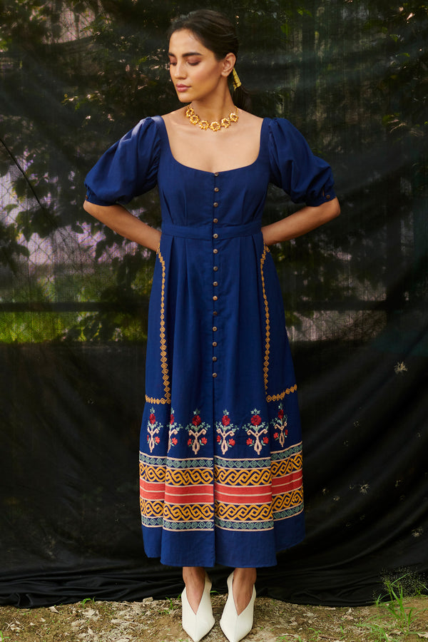 Chandrima-Cobalt Blue Kala Cotton Midi Dress-INDIASPOPUP.COM