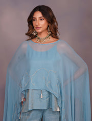 Devyani Mehrotra-Turquoise Glaxie Cape Set-INDIASPOPUP.COM