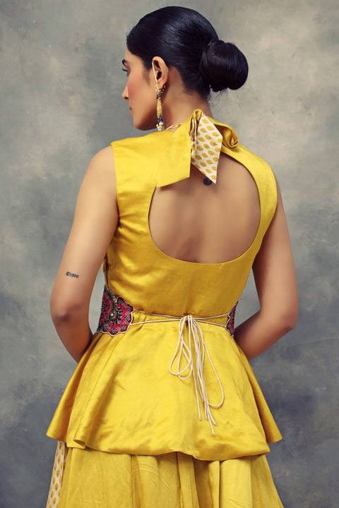 Bhumika Sharma-Mustard Yellow Peplum Top & Skirt Set-INDIASPOPUP.COM