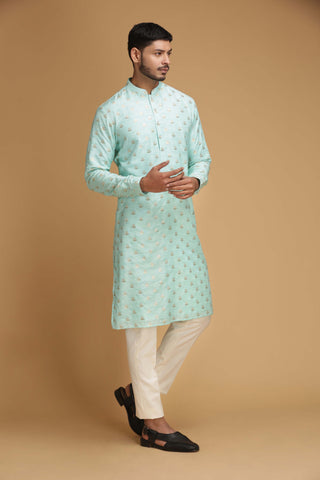 Chatenya Mittal-Aqua Flower Motif Kurta With Pant-INDIASPOPUP.COM