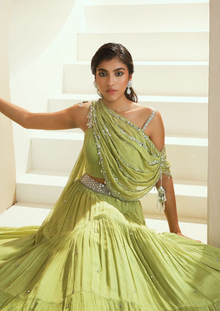 Green Embellished Draped Lehenga Set