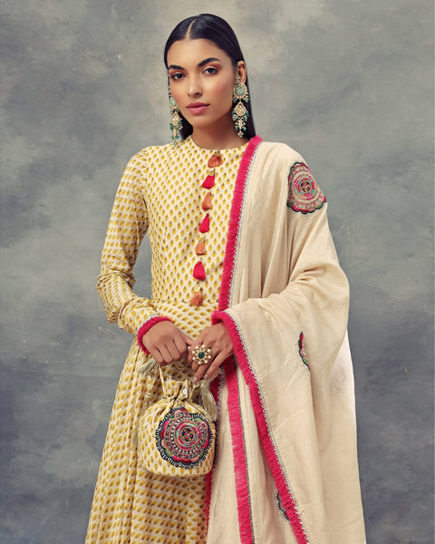 Bhumika Sharma-Mustard Yellow Bindu Print Anarkali & Embroidered Dupatta-INDIASPOPUP.COM