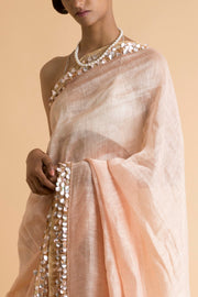 Saksham & Neharicka - Peach Embroidered Linen Silk Saree - INDIASPOPUP.COM
