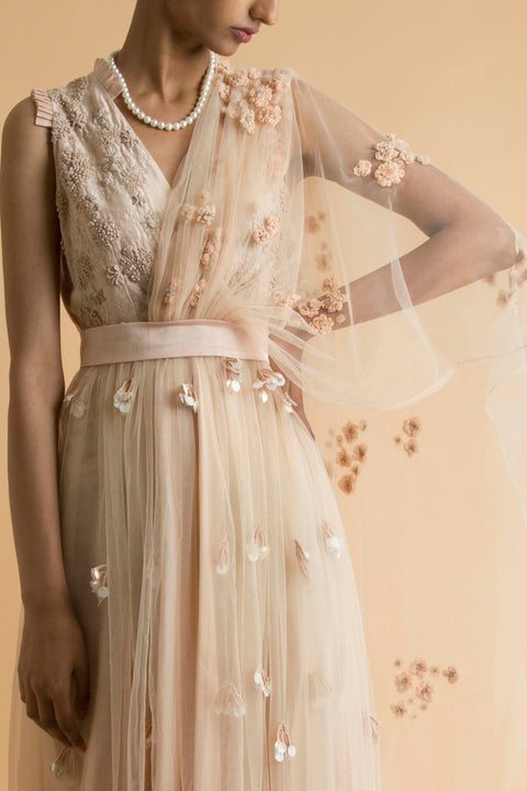 Saksham & Neharicka - Peach Embroidered Sheer Dress With Drape - INDIASPOPUP.COM