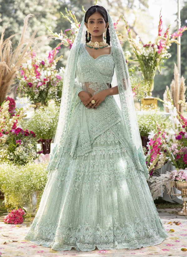 Sea Green Color Wedding Look Silk Fabric Awesome Lehenga