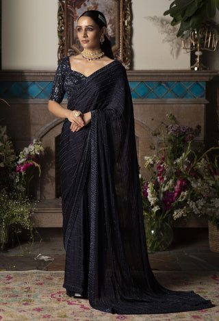 Megha & Jigar-Midnight Blue Embroidered Saree Set-INDIASPOPUP.COM