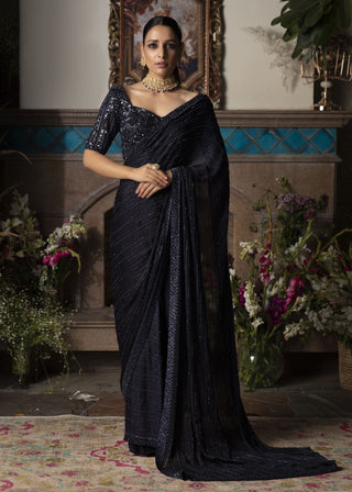 Megha & Jigar-Midnight Blue Embroidered Saree Set-INDIASPOPUP.COM