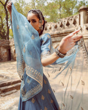 Megha & Jigar-Dusty Blue Embroidered Lehenga Set-INDIASPOPUP.COM