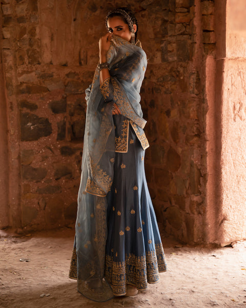 Megha & Jigar-Dusty Blue Embroidered Sharara Set-INDIASPOPUP.COM