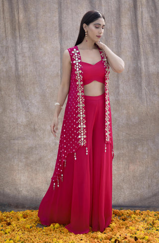 Silky Bindra-Rani Pink Cape With Top And Palazzo-INDIASPOPUP.COM