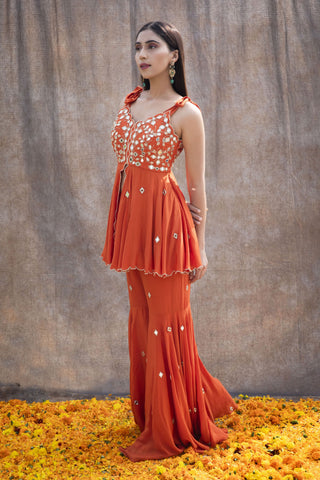 Silky Bindra-Rust Orange Peplum Top With Pant-INDIASPOPUP.COM