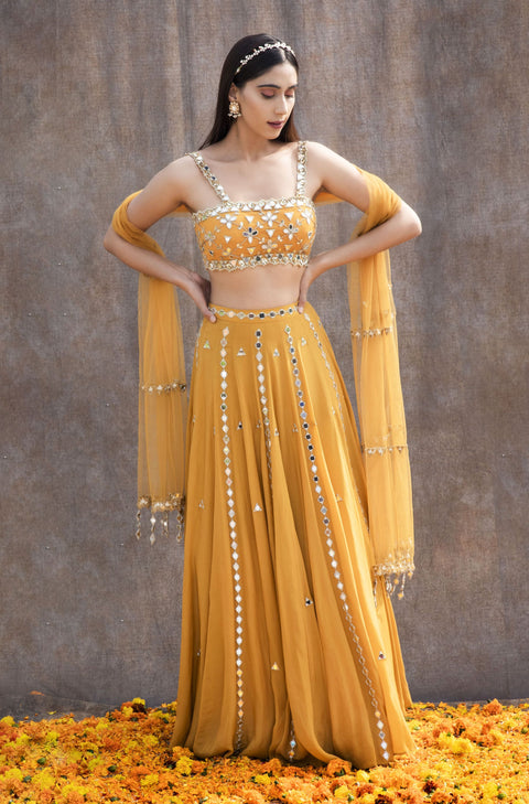 Cream Gold Mirror Work Lehenga Set | Indian outfits lehenga, Mirror work  lehenga, Lehenga designs simple
