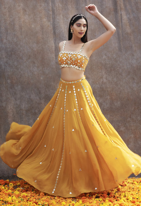 Yellow color designer mirror work lehenga choli – Joshindia