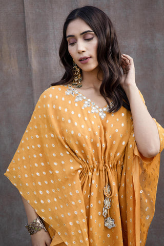 Silky Bindra-Yellow Mirror Work Kaftan-INDIASPOPUP.COM