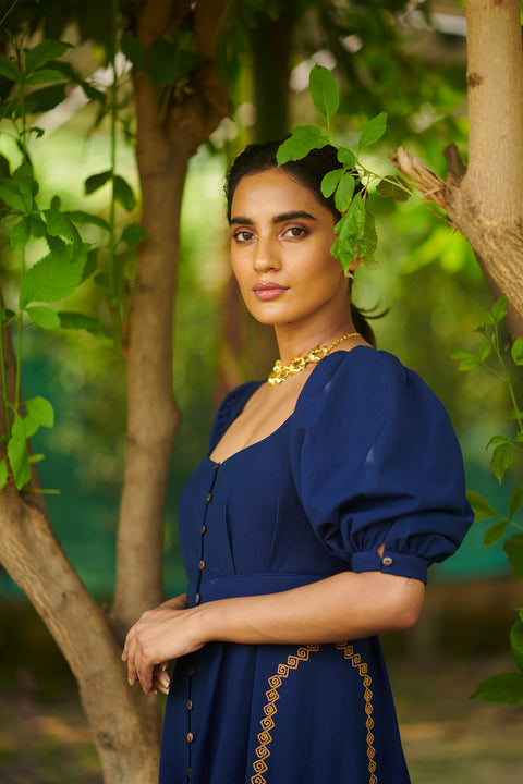 Chandrima-Cobalt Blue Kala Cotton Midi Dress-INDIASPOPUP.COM
