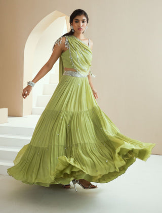 Green Embellished Draped Lehenga Set