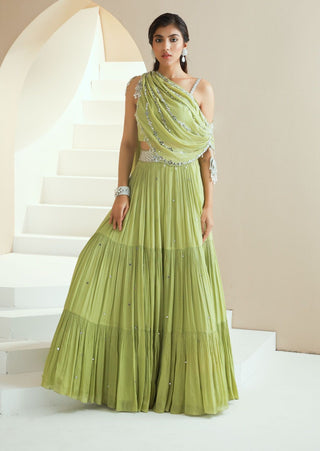 Green Embellished Draped Lehenga Set