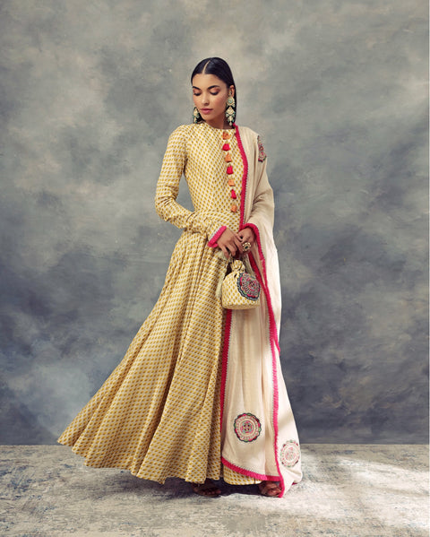 Bhumika Sharma-Mustard Yellow Bindu Print Anarkali & Embroidered Dupatta-INDIASPOPUP.COM